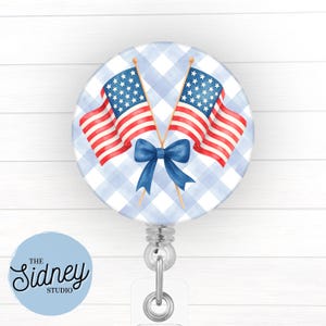 4th of July Flag Coquette Badge Reel – Patriotic Retractable ID Holder for Teachers, Nurses, and Office Workers – Nurse Accessories for Work