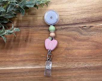 Blush Teach Apple Beaded Badge Reel | Teacher Badge Reel | School Nurse Badge Reel | Interchangeable Badge Reel