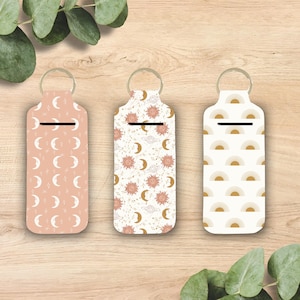 BOHO Suns & Moons Lip Balm Holder Keychain | Neoprene Lip Balm Keychain Cute + Functional Lip Balm Holder, Cute Teacher Gift