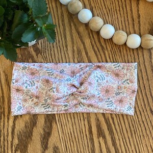 Sketchy Pink Daisies Twist Headband | Wide, Soft, Stretchy, Nonslip, Workout Head Band | Headwrap | Summer, Spring Boho Hairband