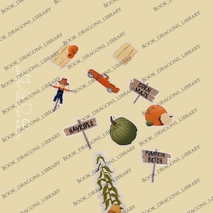 Pu&ograve; includere: Una collezione di adesivi a tema autunnale. Raffigurano uno spaventapasseri, una zucca, un cartello "gite in carrozza", un cartello "labirinto di mais", un cartello "campo di zucche", un'auto arancione e una zucca verde. Sfondo beige con testo "BOOK_DRAGONS_LIBRARY".