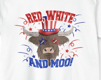 ed White and Moo Crop Top | Highland Cow Crop Tee | Fourth of July Shirt | Patriotic Cow Shirt | Country Girl Tee | Bookish Cow Shirt