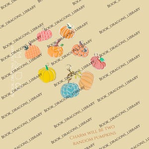 Pu&ograve; includere: Una collezione di ciondoli a forma di zucca colorati in vari design, tra cui arancione, rosa, giallo e blu. I ciondoli hanno anelli color argento per il fissaggio a gioielli o altri oggetti artigianali. &Egrave; visibile anche il testo "CHARM WILL BE TWO RANDOM PUMPKINS".