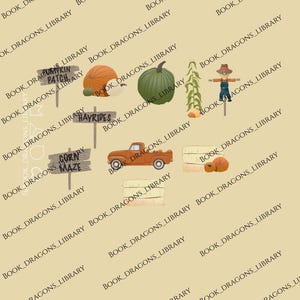 Pu&ograve; includere: Illustrazione digitale a tema autunnale con zucche, zucche, uno spaventapasseri, balle di fieno e un camioncino vintage. I cartelli recitano "Pumpkin Patch", "Hayrides" e "Corn Maze". Lo sfondo &egrave; beige chiaro con il testo "BOOK_DRAGONS_LIBRARY".