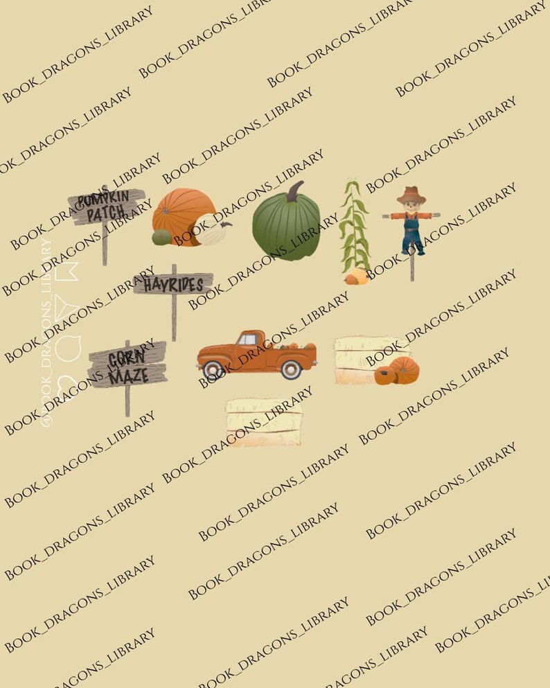 Pu&ograve; includere: Illustrazione digitale a tema autunnale con zucche, zucche, uno spaventapasseri, balle di fieno e un camioncino vintage. I cartelli recitano "Pumpkin Patch", "Hayrides" e "Corn Maze". Lo sfondo &egrave; beige chiaro con il testo "BOOK_DRAGONS_LIBRARY".