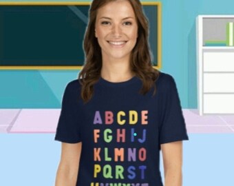 LEARN THE ALPHABET Short-Sleeve tee, Black tees, english teacher shirt, trending today t shirt, blue tees, shirts with quotes, womens, abc