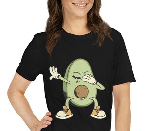 May include: A black t-shirt with a cartoon avocado doing the dab. The avocado is green with a brown pit and has white gloves and shoes.