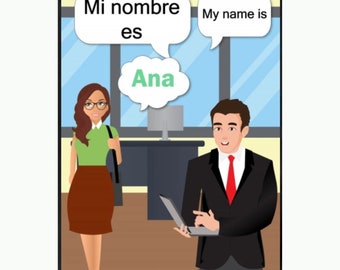 Könnte beinhalten: Digitales Poster mit Cartoon-Illustrationen von zwei Personen in einem Büro. Sprechblasen zeigen "Mi nombre es" und "My name is" mit dem Namen "Ana". Der Text "Instant digital download poster" steht unten auf dem Poster.