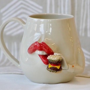 Mug with Bitting lips and holding burger Sculpture/ Coffee Mug/ Ceramic Coffee Mug
