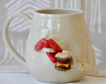 Mug with Bitting lips and holding burger Sculpture/ Coffee Mug/ Ceramic Coffee Mug