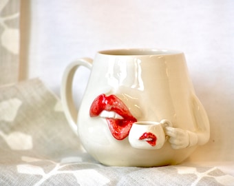 Ceramic Mug/ Lip Mug drinks from Lip mug/ pottery Mug/ Ceramic Mug with Sculpture