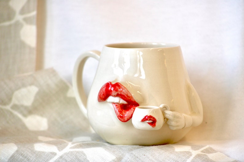 Ceramic Mug/ Lip Mug drinks from Lip mug/ pottery Mug/ Ceramic Mug with Sculpture image 1