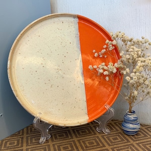 Ceramic handmade dinner plate/ bright orange and speckled dinner plates