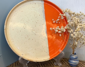 Ceramic handmade dinner plate/ bright orange and speckled dinner plates