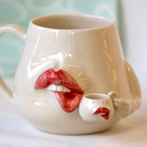 Ceramic Mug/ Lip Mug drinks from Lip mug/ pottery Mug/ Ceramic Mug with Sculpture image 2