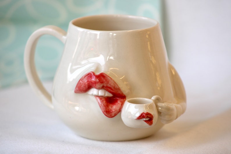 Ceramic Mug/ Lip Mug drinks from Lip mug/ pottery Mug/ Ceramic Mug with Sculpture image 2