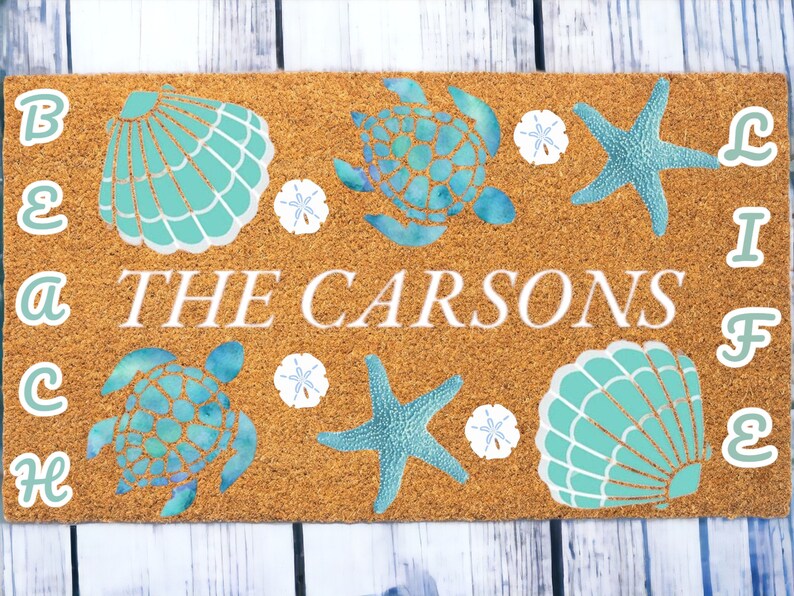 Beach Theme Doormat, Mat, Custom Beach Doormat, Personalized Doormat, Seashells Doormat