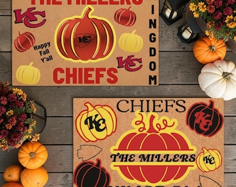 May include: Two rectangular tan coir doormats featuring red and yellow pumpkin graphics, the text THE MILLERS CHIEFS KINGDOM, and KC logos. One mat includes the phrase Happy Fall Y'all, while the other displays black text and outlines.