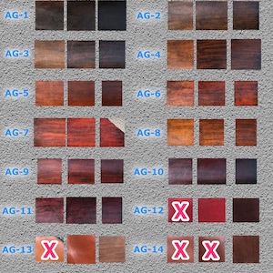May include: Image displaying a color chart with various wood stain options. The text "Color Options - Choose a row and column" is at the top. Each color sample is labeled with a code like "AG-1" and arranged in rows and columns, with some marked with an "X".