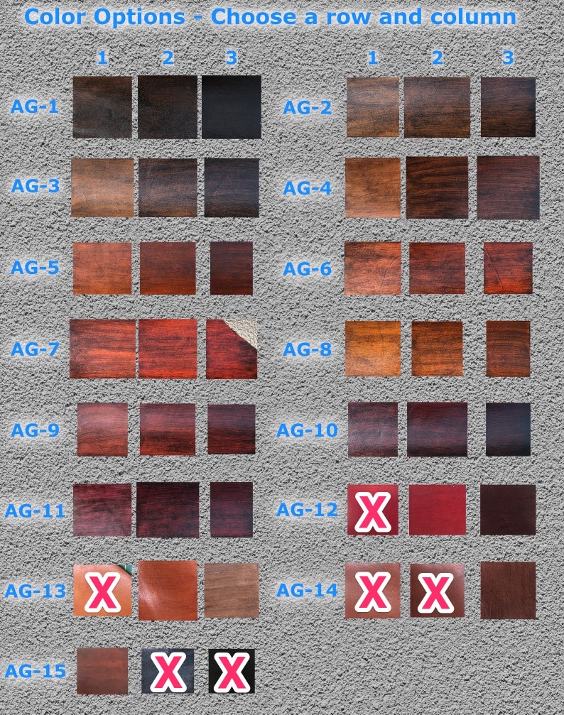May include: Image displaying a color chart with various wood stain options. The text "Color Options - Choose a row and column" is at the top. Each color sample is labeled with a code like "AG-1" and arranged in rows and columns, with some marked with an "X".