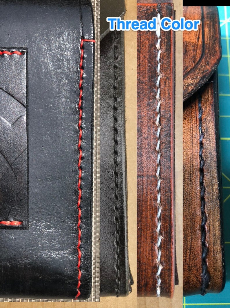 May include: Close-up of leather goods showcasing different thread colors. The image displays black leather with red stitching, black leather with black stitching, brown leather with white stitching, and brown leather with black stitching. The text "Thread Color" is visible.