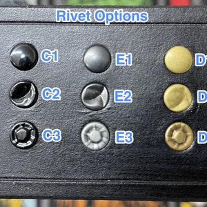 May include: Close-up of a black leather surface with various rivet options. The text "Rivet Options" is at the top. Rivets are in silver, black, gray, gold, and copper tones, labeled A1-H3.