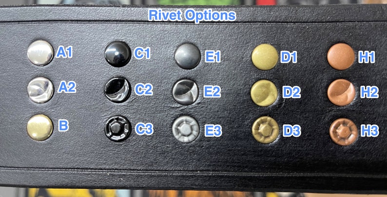 May include: Close-up of a black leather surface with various rivet options. The text "Rivet Options" is at the top. Rivets are in silver, black, gray, gold, and copper tones, labeled A1-H3.