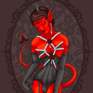 Puede incluir: Un diablo rojo con cuernos y cola lleva un corsé negro con tirantes rojos y una cuerda blanca atada alrededor del pecho. El diablo lleva guantes negros y medias rojas con una rosa roja en cada pierna. El diablo está de pie en un marco ovalado negro y blanco adornado.