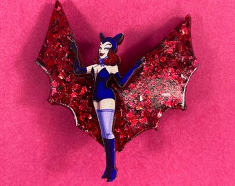 Red Glitter Burlesque Bat Lady Brooch