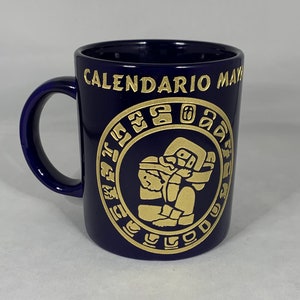 Calendario Maya Coffee Mug, Mayan Calendar Coffee Cup, Cobalt and Gold Mug, Embossed, Unique, Maya Calendar, Mexico