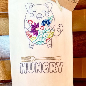 Talking Towel / kitchen towel/ Hungry! / Hand embroidered bar towel