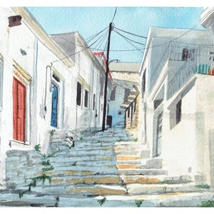 Greek Island Village Stairway, Apeiranthos Greece (Original Artwork Watercolor Painting Print) Unframed Giclee Print