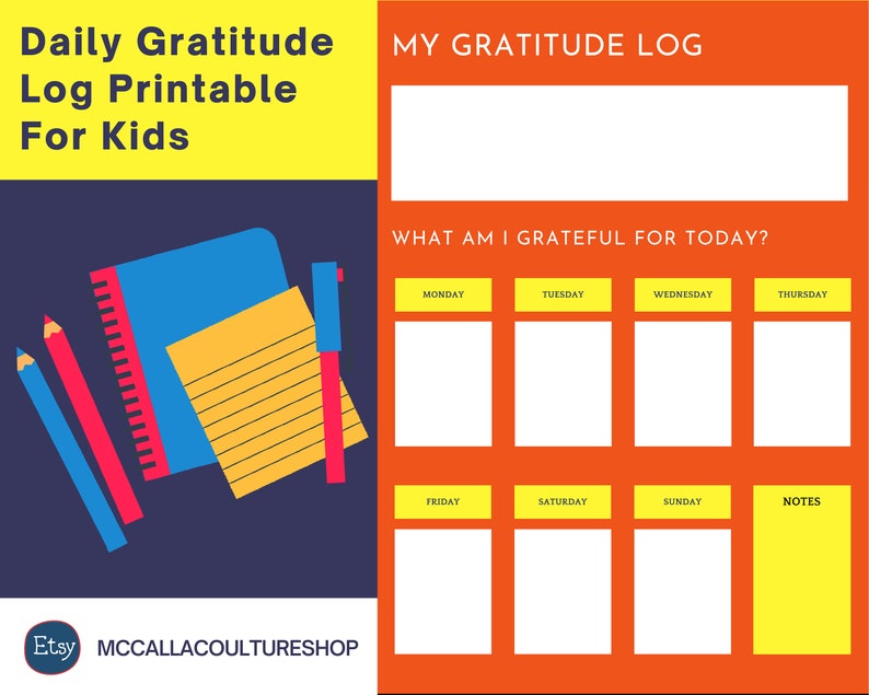 Daily Gratitude Log Download, Worksheet for Kids