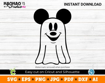 May include: Black and white silhouette of a ghost with Mickey Mouse ears and a smiling face.  The ghost is wearing a white sheet and has a black nose and eyes.  The image is on a white wood background.