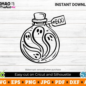 Può includere: Illustrazione in bianco e nero a linee di una bottiglia di vetro con un tappo di sughero e un'etichetta con la scritta "BOO". Dentro della bottiglia ci sono tre fantasmi.