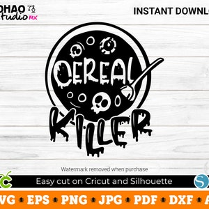 May include: Black and white digital design of a bowl of cereal with a spoon and the text "CEREAL KILLER".