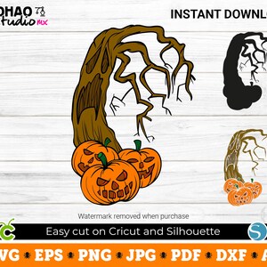 Könnte beinhalten: Ein digitales Design mit einem gruseligen Baum mit knorrigen Ästen und drei orangefarbenen Kürbissen mit geschnitzten Gesichtern. Das Design ist in den Formaten SVG, EPS, PNG, JPG, PDF, DXF und AI verfügbar.