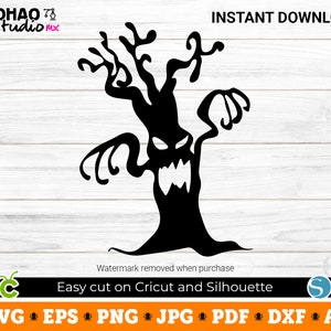 May include: Black silhouette of a spooky tree with a scary face and branches.  The tree is on a white wood background.  The text "INSTANT DOWNLOAD" is at the top of the image.
