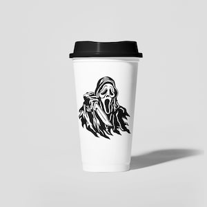 May include: A white to-go coffee cup with a black lid. The cup has a black and white graphic of a ghost wearing a mask and holding a knife.