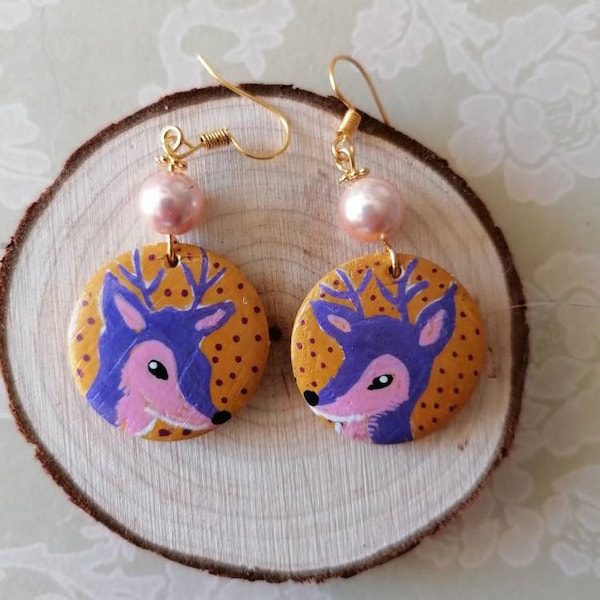 Deer earrings, woodland creature earrings, wooden earrings, one of a kind earrings, hand painted earrings, fawn earrings