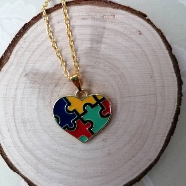 Heart shaped pendant, heart shaped jigsaw puzzle piece necklace, ASD awareness