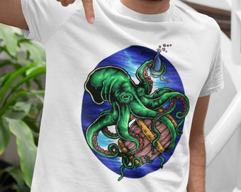 Octopus T-shirt, Octopus drinking shirt, Octopus graphic design, sea creature tshirt, octopus with barrell