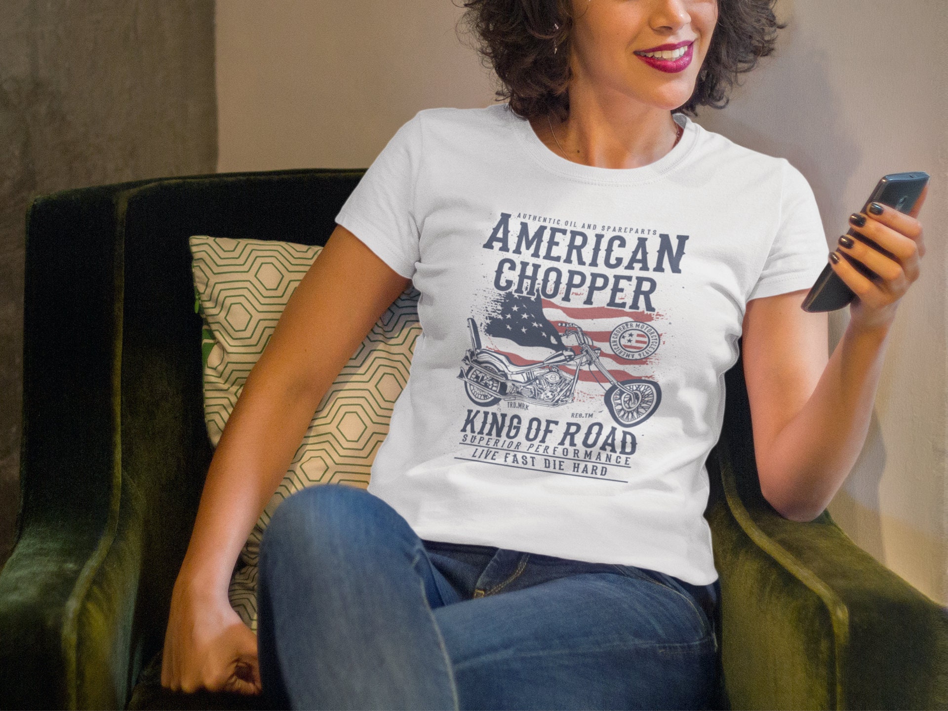 T-shirt Uomo Manica Lunga Biker Chopper Con Motivo Carte Da Poker E Aquila USA - Nero, Cotone, V8-Cruzin Retro Shop