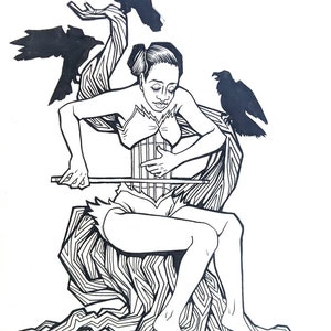 Lonely Cello with Ravens Original Ink Drawing 9x12 Inktober Submission