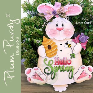File SVG per appendino porta a forma di primavera tagliato al laser, appendino porta a forma di coniglietto, decorazioni primaverili, appendino porta di Pasqua, tulipani, apicoltore, appendino porta,
