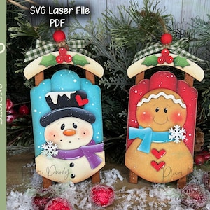 Arquivo SVG de enfeite de boneco de neve, SVG de enfeite de biscoito de gengibre, enfeites de trenó, arquivos de laser de enfeites de Natal, arquivo SVG Glowforge