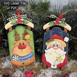File laser svg di ornamenti natalizi, file SVG di ornamenti di Babbo Natale, file SVG di ornamenti di renne, slitta di Babbo Natale, slitta di renne, decorazioni natalizie