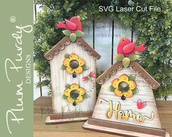 Archivo SVG láser de estante para casita de pájaros, SVG de decoración de verano, SVG de decoración de primavera, SVG de casita de pájaros rústica, Pájaro rojo, Flores, Archivos SVG de Glowforge