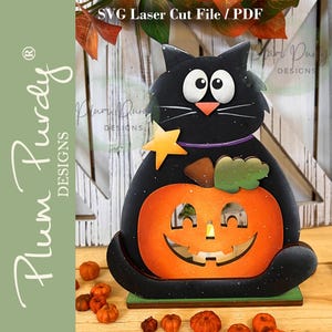 Può includere: Una sagoma di gatto nero con grandi occhi bianchi, un naso rosa e una stella gialla, che tiene una zucca arancione con una foglia verde. Il testo SVG Laser Cut File / PDF è visibile in alto. Piccole zucche sono sparse alla base.