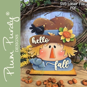Scarecrow Shelf Sitter SVG-laserbestand, Hallo herfstvogelverschrikker, herfst SVG-bestand, herfst decor laserbestand, Glowforge-bestand, Plum Purdy SVG